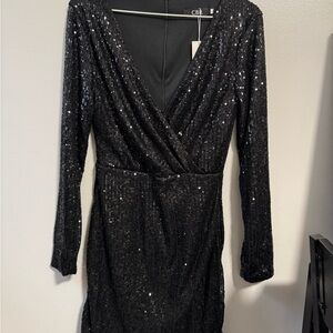 CBR Black Sequin Long Sleeve Wrap-Front Dress